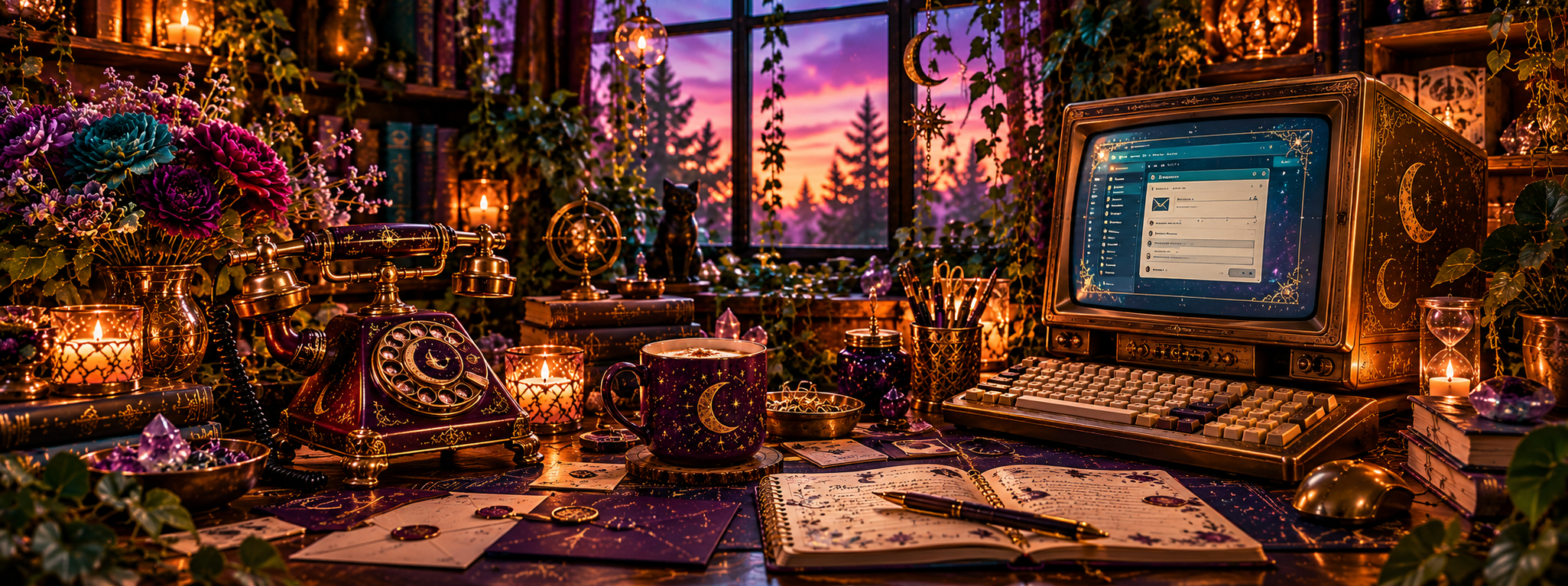 A warm celestial workspace with a vintage telephone, flowers, candles, computer and handwritten notes